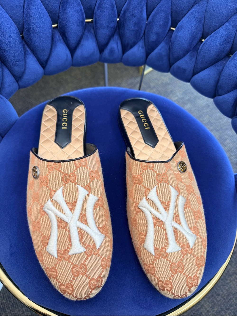 Orange GG Canvas NY Logo Slip-On Mules with White Embroidery